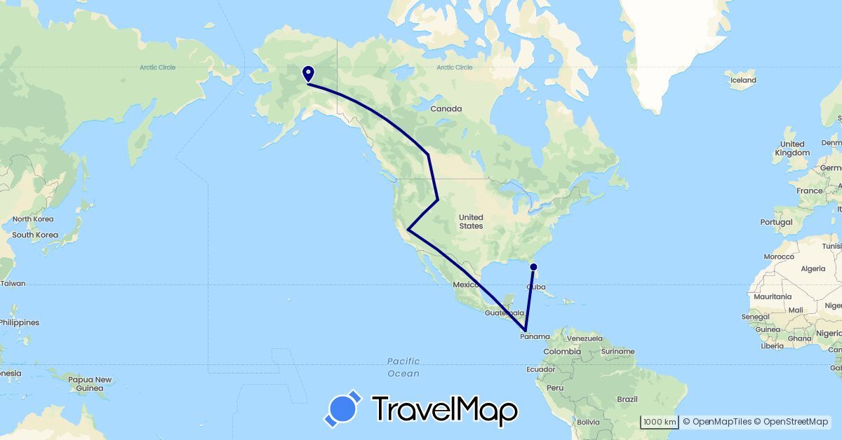 TravelMap itinerary: driving in Canada, Costa Rica, United States (North America)
